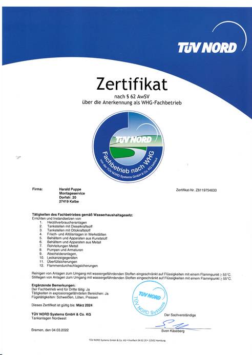 Zertifikat § WHG / Aktuelle Bescheinigung 2024