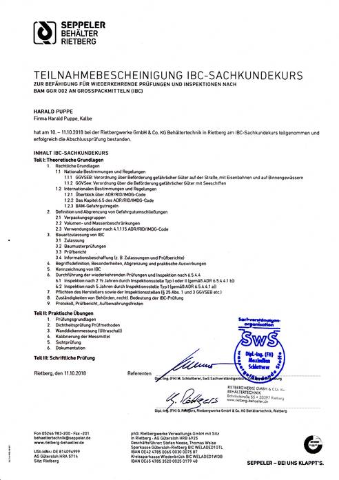 Rietberg Behltertechnik Sachkundeschulung IBC GGR 002 Gefahrgutverordnung Umweltrecht